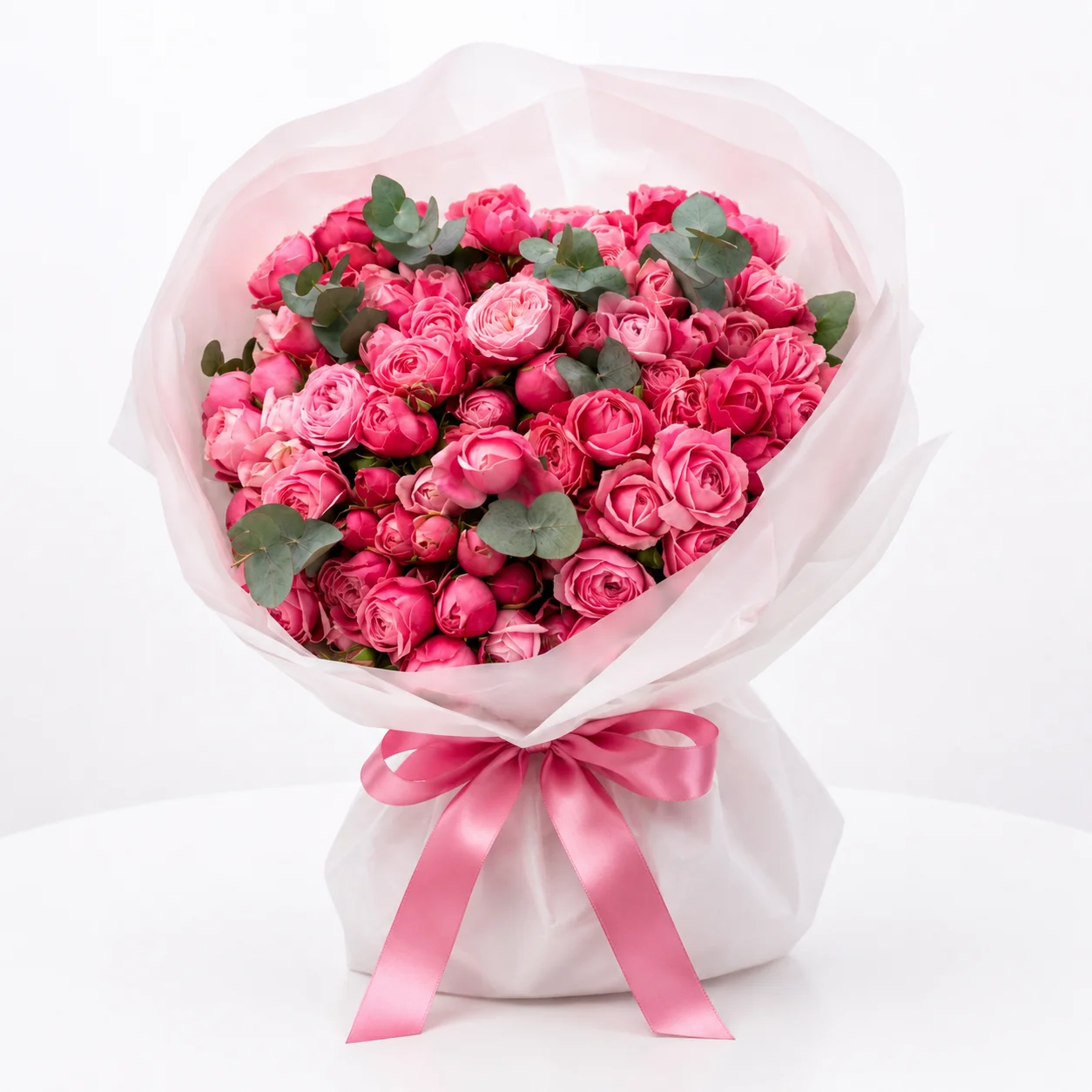 Fresh Grand Romance 21 Pink Peony Rose Bouquet wrapped in premium floral paper with satin ribbon